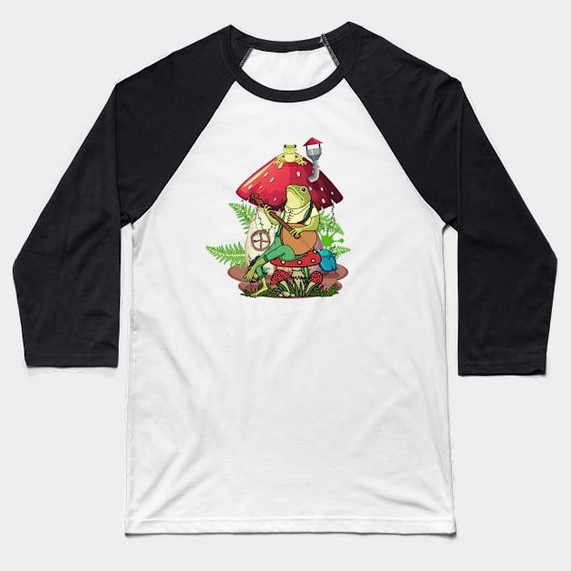 Frog sits on mushrooms and plays guitar, frog lover, mushrooms lovers Baseball T-Shirt by twitaadesign